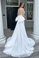 Luxury V-Neck Spaghetti-Straps Sleeveless Wedding Dress High Slit Open Back With Beads Bowknot-Ballbella