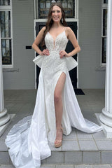 Luxury V-Neck Spaghetti-Straps Sleeveless Wedding Dress High Slit Open Back With Beads Bowknot-Ballbella