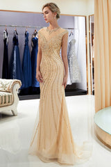 MARTHA Mermaid Floor Length Sleeveless Golden Beading Evening Gowns-Ballbella