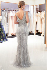 MARY Mermaid Deep V-neck Sleeveless Tassel Beading Party Dresses-Ballbella