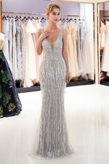 MARY Mermaid Deep V-neck Sleeveless Tassel Beading Party Dresses-Ballbella