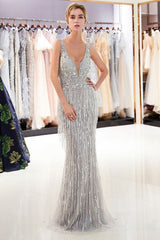 MARY Mermaid Deep V-neck Sleeveless Tassel Beading Party Dresses-Ballbella