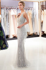 MARY Mermaid Deep V-neck Sleeveless Tassel Beading Party Dresses-Ballbella
