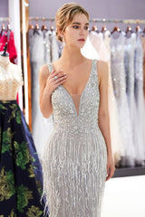 MARY Mermaid Deep V-neck Sleeveless Tassel Beading Party Dresses-Ballbella
