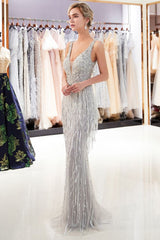 MARY Mermaid Deep V-neck Sleeveless Tassel Beading Party Dresses-Ballbella