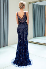 MATHILDA Mermaid Sleeveless V-neck Sequins Pattern Long Evening Gowns-Ballbella