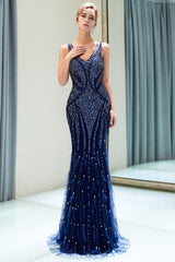MATHILDA Mermaid Sleeveless V-neck Sequins Pattern Long Evening Gowns-Ballbella