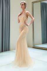 MATILDA Mermaid Floor Length Sleeveless Beading Golden Evening Dresses-Ballbella