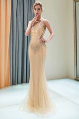 MATILDA Mermaid Floor Length Sleeveless Beading Golden Evening Dresses-Ballbella