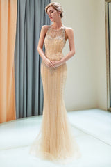 MATILDA Mermaid Floor Length Sleeveless Beading Golden Evening Dresses-Ballbella