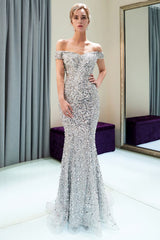 MAUDE Mermaid Off-the-shoulder Long Sequins Silver Evening Gowns-Ballbella