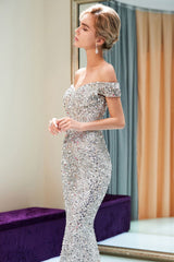 MAUDE Mermaid Off-the-shoulder Long Sequins Silver Evening Gowns-Ballbella