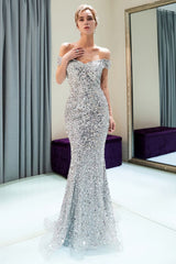 MAUDE Mermaid Off-the-shoulder Long Sequins Silver Evening Gowns-Ballbella