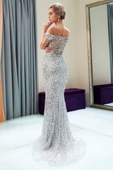 MAUDE Mermaid Off-the-shoulder Long Sequins Silver Evening Gowns-Ballbella