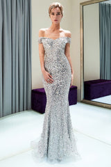 MAUDE Mermaid Off-the-shoulder Long Sequins Silver Evening Gowns-Ballbella