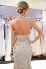 MAURA Mermaid Halter Sleeveless Long Sequined Pattern Evening Dresses-Ballbella