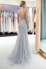 MEG Mermaid Sleeveless Illusion Neckline Crystal Sqeuined Tulle Evening Dresses-Ballbella