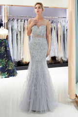 MEG Mermaid Sleeveless Illusion Neckline Crystal Sqeuined Tulle Evening Dresses-Ballbella
