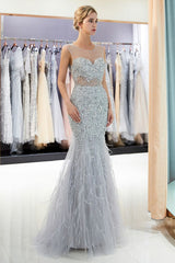 MEG Mermaid Sleeveless Illusion Neckline Crystal Sqeuined Tulle Evening Dresses-Ballbella