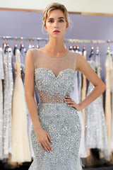 MEG Mermaid Sleeveless Illusion Neckline Crystal Sqeuined Tulle Evening Dresses-Ballbella