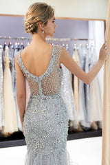 MEG Mermaid Sleeveless Illusion Neckline Crystal Sqeuined Tulle Evening Dresses-Ballbella