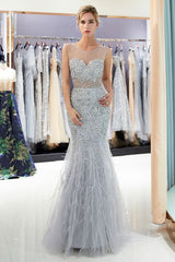 MEG Mermaid Sleeveless Illusion Neckline Crystal Sqeuined Tulle Evening Dresses-Ballbella