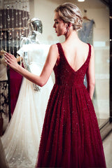 MELANIE A-line Long V-neck Sleeveless Burgundy Sequins Tulle Evening Dresses-Ballbella