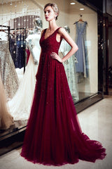 MELANIE A-line Long V-neck Sleeveless Burgundy Sequins Tulle Evening Dresses-Ballbella