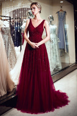 MELANIE A-line Long V-neck Sleeveless Burgundy Sequins Tulle Evening Dresses-Ballbella