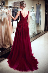 MELANIE A-line Long V-neck Sleeveless Burgundy Sequins Tulle Evening Dresses-Ballbella