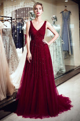 MELANIE A-line Long V-neck Sleeveless Burgundy Sequins Tulle Evening Dresses-Ballbella