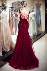 MELBA Mermaid Sleeveless Long Sequined Tulle Burgundy Evening Gowns-Ballbella