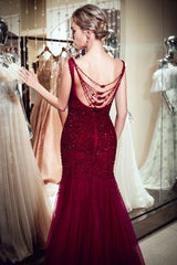 MELBA Mermaid Sleeveless Long Sequined Tulle Burgundy Evening Gowns-Ballbella
