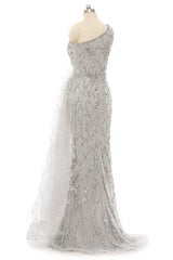 Mermaid Asymmetrical High Split Floor-length Sequined Prom Dress with Feather-Ballbella