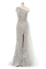 Mermaid Asymmetrical High Split Floor-length Sequined Prom Dress with Feather-Ballbella