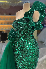 Mermaid Asymmetrical Lace Sequined Floor-length Sleeveless Bowknot With Side Train Prom Dress-Ballbella