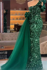 Mermaid Asymmetrical Lace Sequined Floor-length Sleeveless Bowknot With Side Train Prom Dress-Ballbella