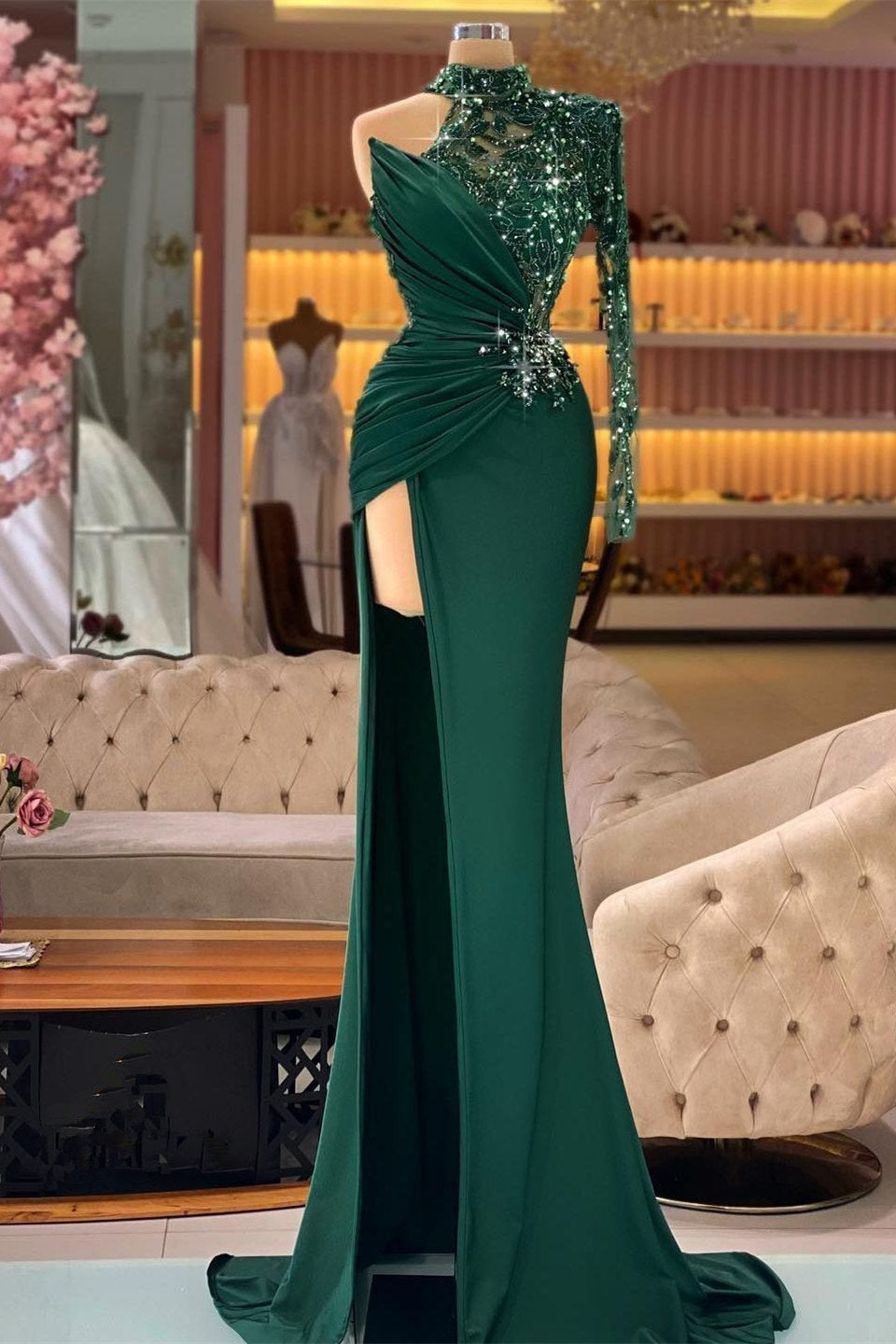 Sequin Asymmetric Velvet Mermaid Dress w/ One Long Puff Sleeve