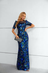 Mermaid Bateau Lace Sequined Floor-length half sleeves Floor-length Elegant Prom Dress-Ballbella
