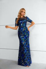 Mermaid Bateau Lace Sequined Floor-length half sleeves Floor-length Elegant Prom Dress-Ballbella