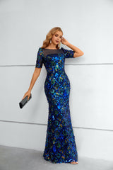 Mermaid Bateau Lace Sequined Floor-length half sleeves Floor-length Elegant Prom Dress-Ballbella
