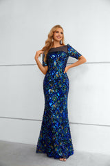 Mermaid Bateau Lace Sequined Floor-length half sleeves Floor-length Elegant Prom Dress-Ballbella