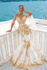 Mermaid Bridal Gowns Gold Appliques Half Sleeve Cape-Ballbella