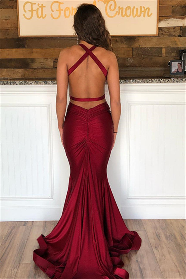 Chic Backless Mermaid Prom Dresses Long Red V-Neck Sleeveless Evening –  Ballbella