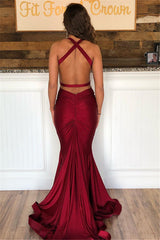 Mermaid Burgundy Halter V-Neck Sleeveless Backless Prom Dresses-Ballbella
