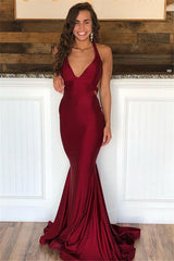 Mermaid Burgundy Halter V-Neck Sleeveless Backless Prom Dresses-Ballbella