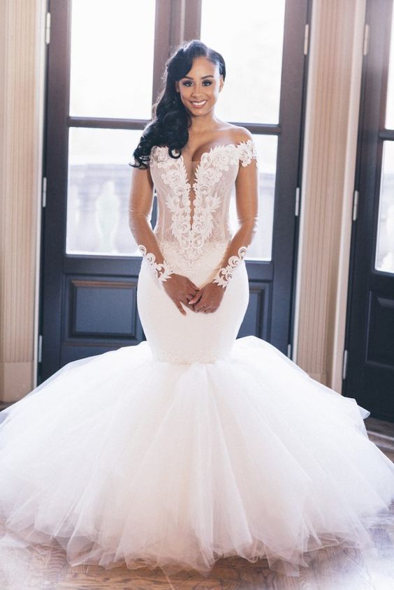 Mermaid Deep V-Neck Floor Length Tulle Applique Wedding Dress Mermaid Deep V-Neck Floor Length Tulle Applique Wedding Dress