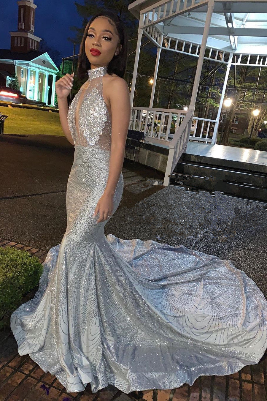 Mermaid Deep V-neck Halter Chapel Backless Paillette Prom Dress Mermaid Deep V-neck Halter Chapel Backless Paillette Prom Dress