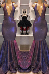 Mermaid Deep V-neck Halter Chapel Ruffle Hem Paillette Prom Dress-Ballbella