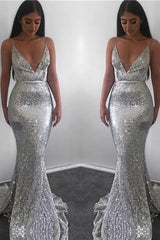Mermaid Deep V-neck Spaghetti Strap Floor Length Backless Paillette Evening Dress-Ballbella